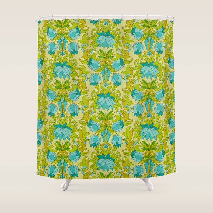 Turquoise And Green Leaves 1960s Retro Vintage Pattern Shower Curtain