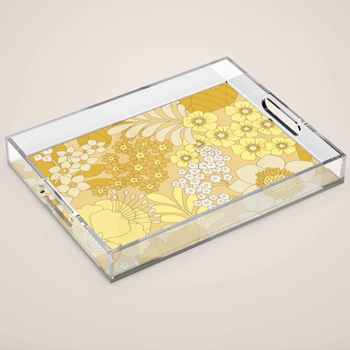 Yellow, Ivory & Brown Retro Floral Pattern Acrylic Tray