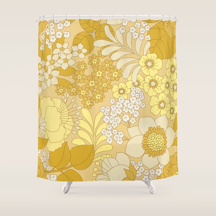 Yellow, Ivory & Brown Retro Floral Pattern Shower Curtain