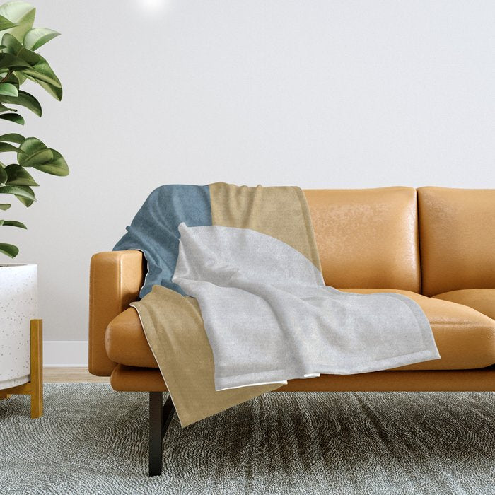 Halfmoon Colorblock - White Blue On Gold Throw Blanket