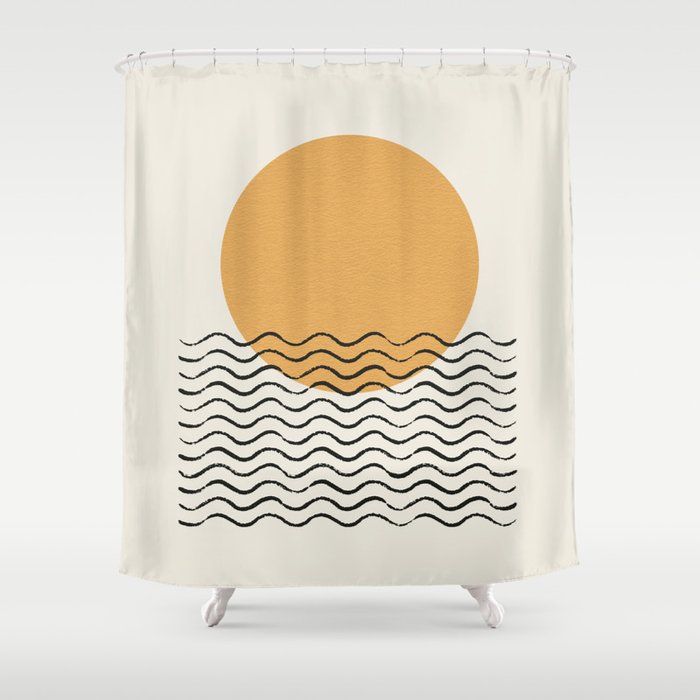 Ocean Wave Gold Sunrise - Mid Century Style Shower Curtain