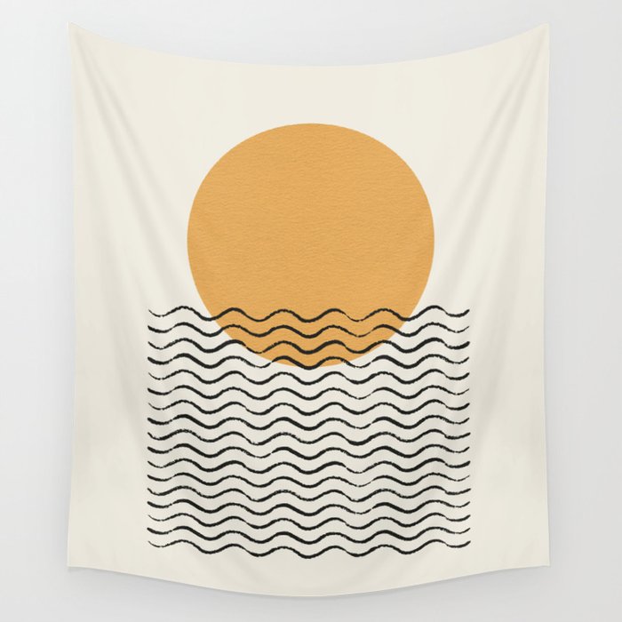 Ocean Wave Gold Sunrise - Mid Century Style Wall Tapestry