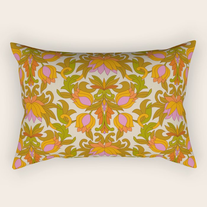 Orange, Pink Flowers And Green Leaves 1960s Retro Vintage Pattern Rectangular Pillow