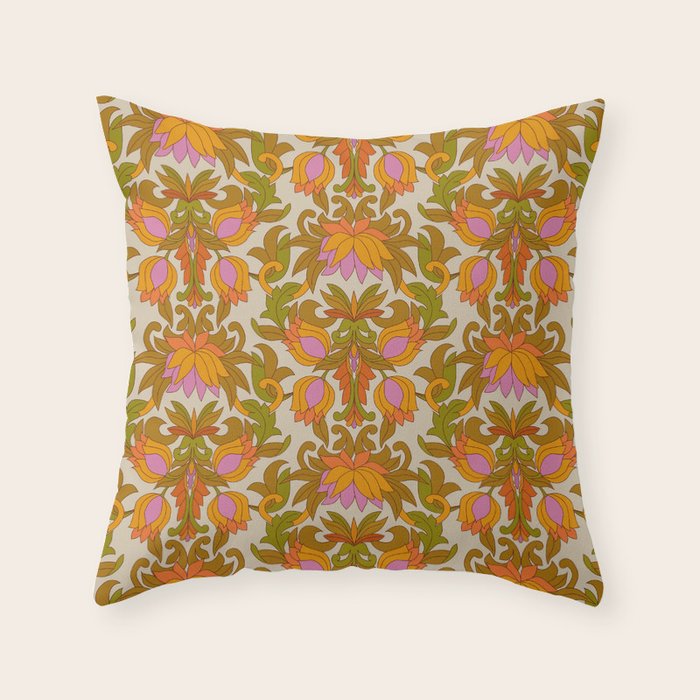 Orange, Pink Flowers And Green Leaves 1960s Retro Vintage Pattern Throw Pillow