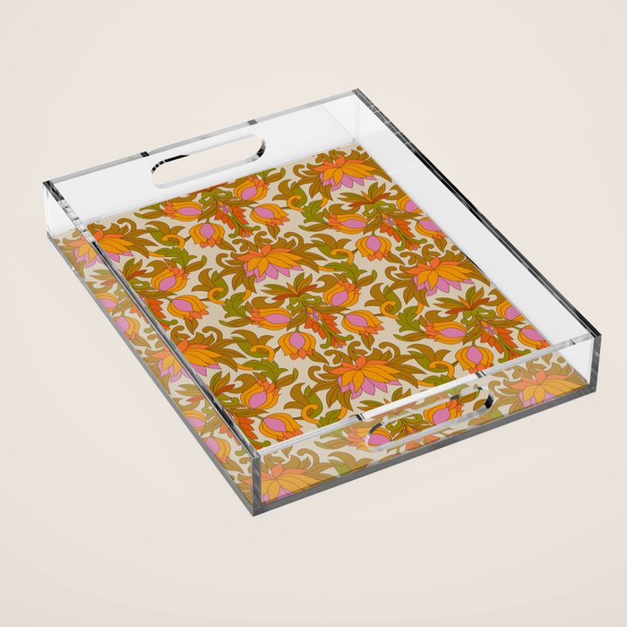 Orange, Pink Flowers And Green Leaves 1960s Retro Vintage Pattern Acrylic Tray