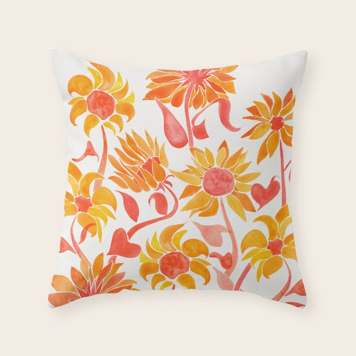 Sunflower Watercolor - Fiery Palette Throw Pillow