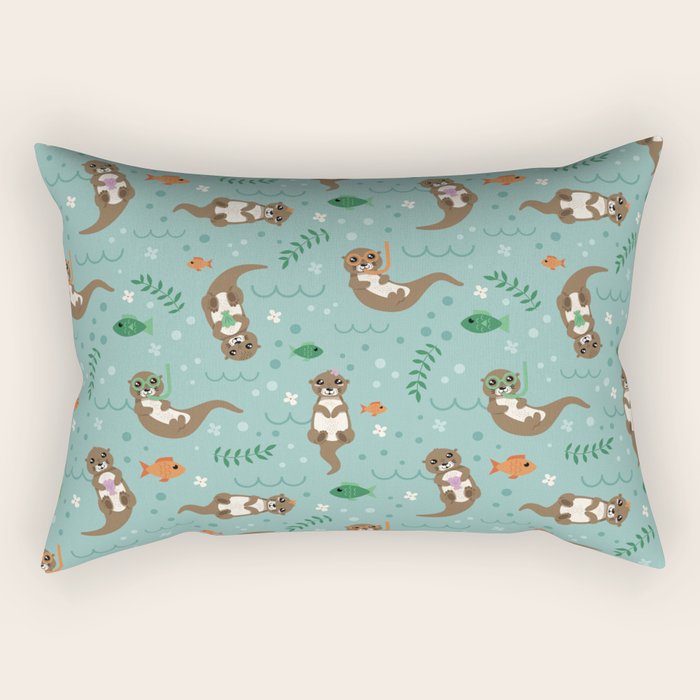 Kawaii Otters Playing Underwater Rectangular Pillow