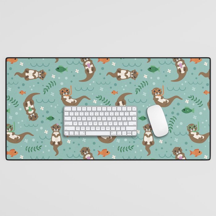 Kawaii Otters Playing Underwater Desk Mat