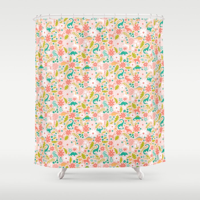 Dinosaurs + Unicorns In Pink + Teal Shower Curtain