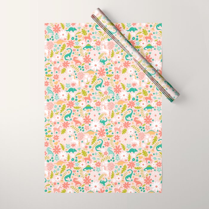 Dinosaurs + Unicorns In Pink + Teal Wrapping Paper