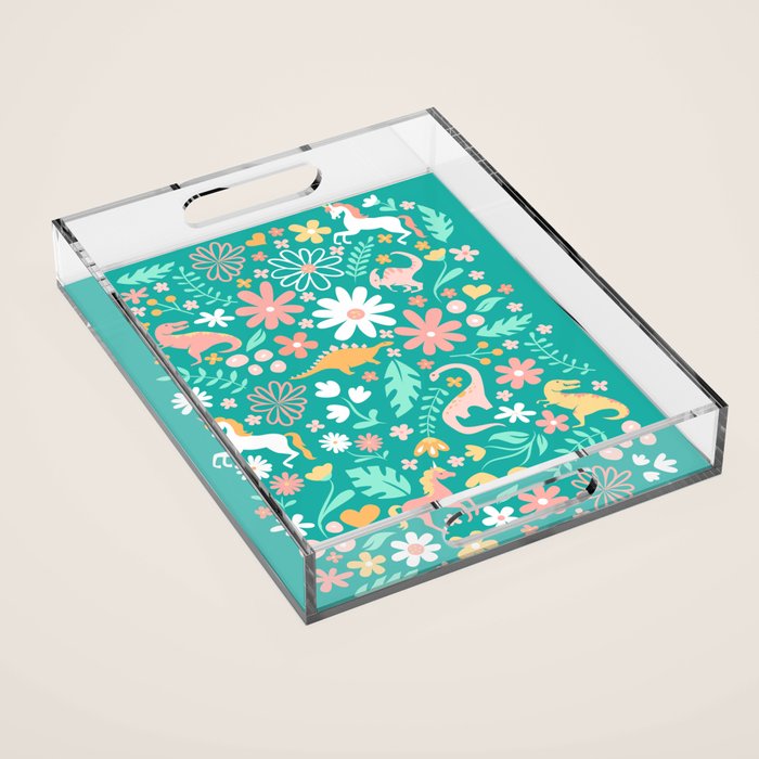 Dinosaurs + Unicorns On Teal Acrylic Tray