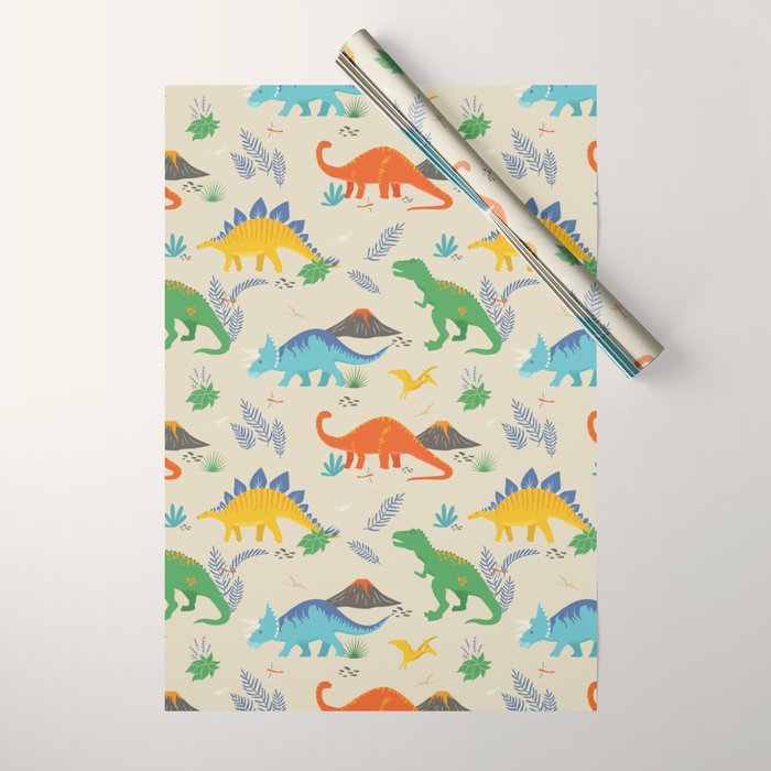 Jurassic Dinosaurs In Primary Colors Wrapping Paper