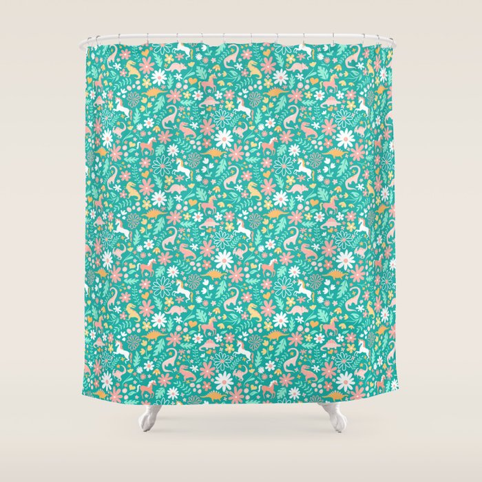 Dinosaurs + Unicorns On Teal Shower Curtain