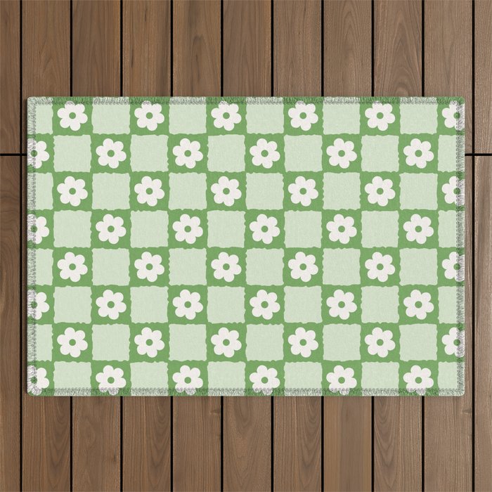 Retro Flower Checker In Forest Green Outdoor Rug