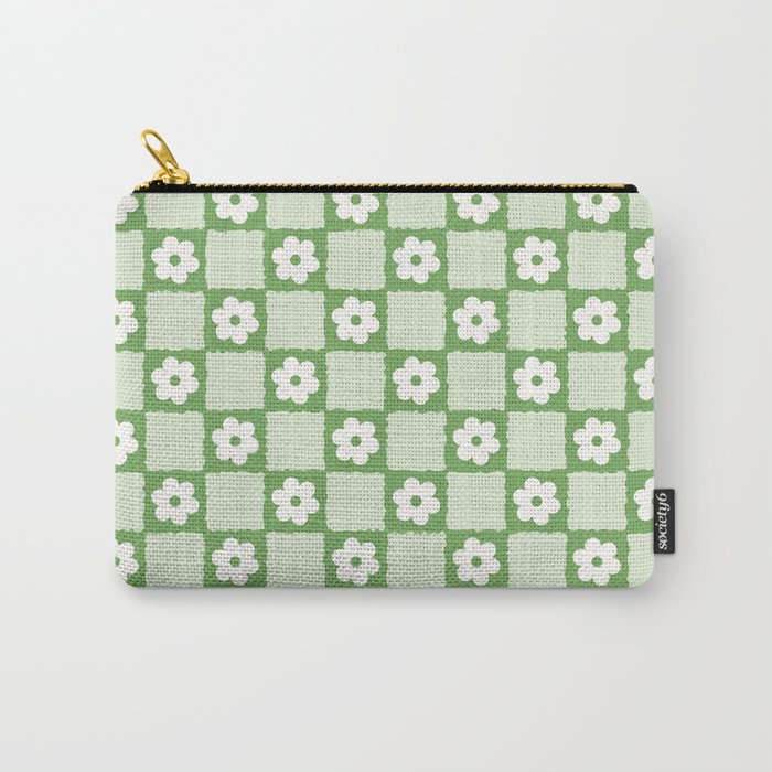 Retro Flower Checker In Forest Green Carry All Pouch