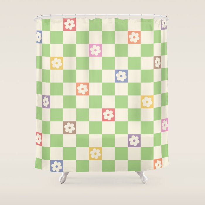 Colorful Flowers Green Check  Shower Curtain