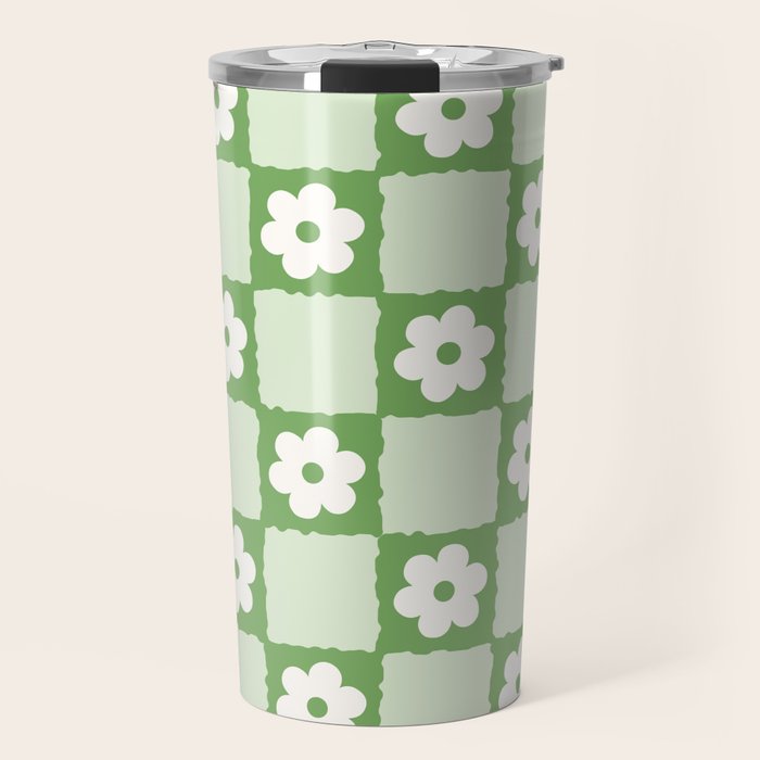 Retro Flower Checker In Forest Green Travel Mug
