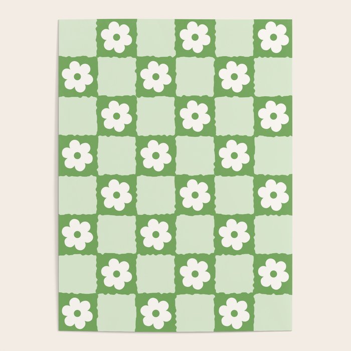Retro Flower Checker In Forest Green Poster