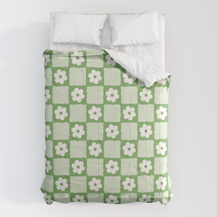 Retro Flower Checker In Forest Green Comforter