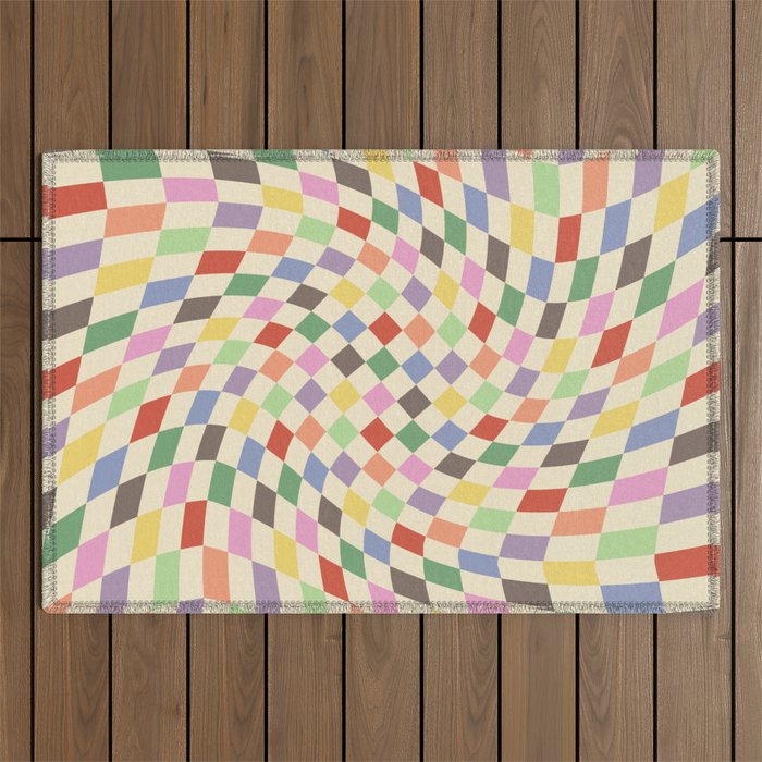 Colorful Checkered Swirl Pattern Outdoor Rug
