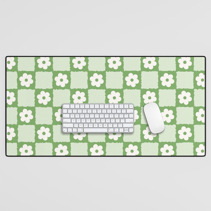 Retro Flower Checker In Forest Green Desk Mat