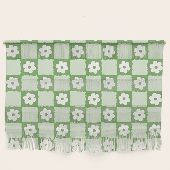 Retro Flower Checker In Forest Green Wall Hanging