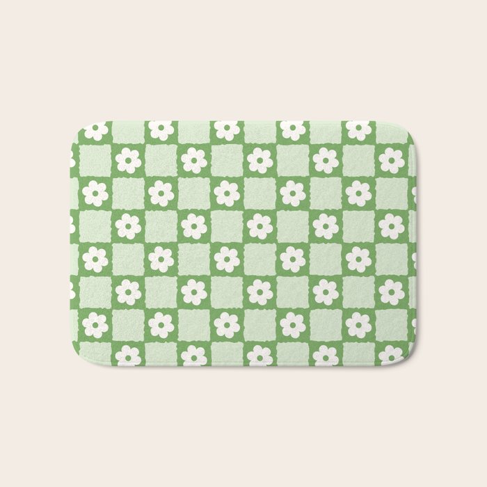 Retro Flower Checker In Forest Green Bath Mat