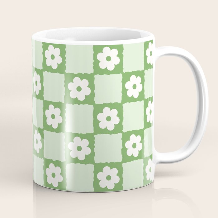 Retro Flower Checker In Forest Green Coffee Mug