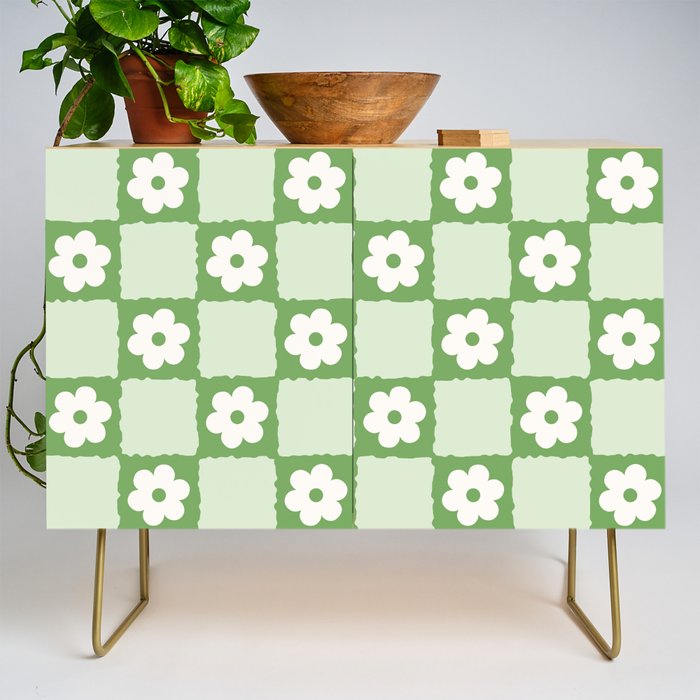 Retro Flower Checker In Forest Green Credenza