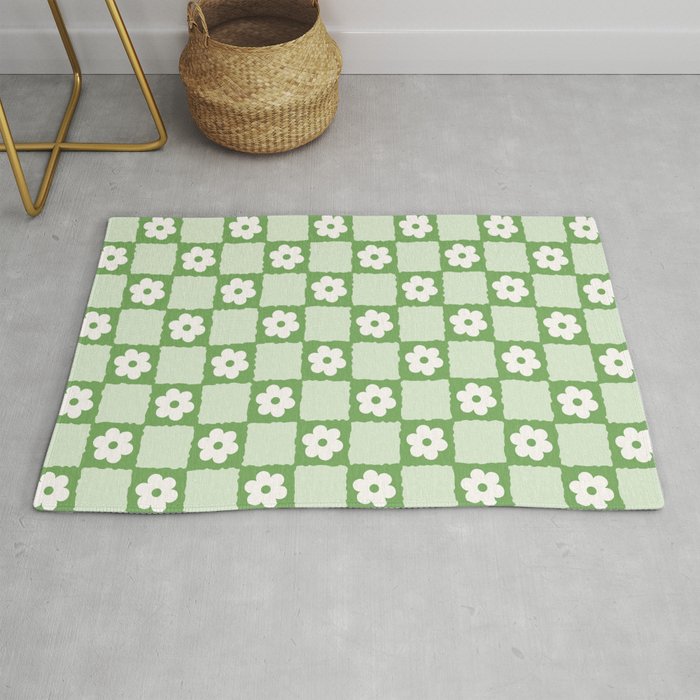 Retro Flower Checker In Forest Green Rug
