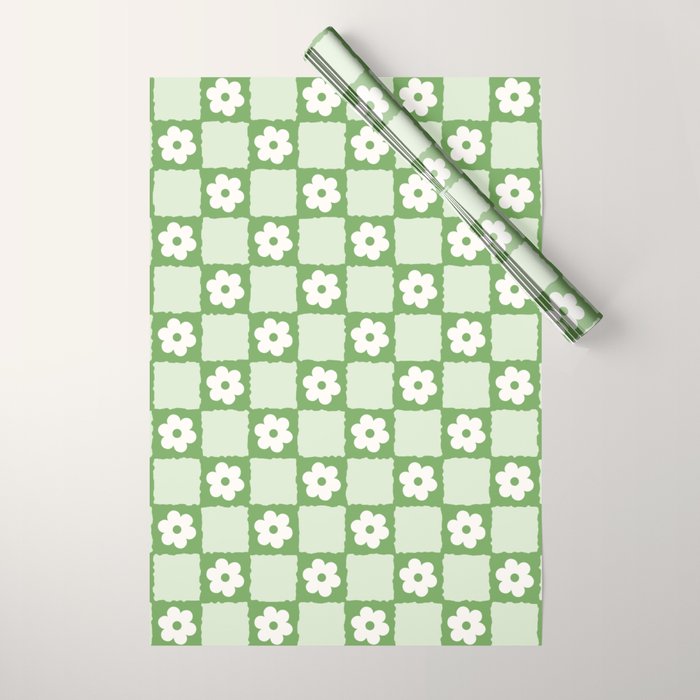 Retro Flower Checker In Forest Green Wrapping Paper