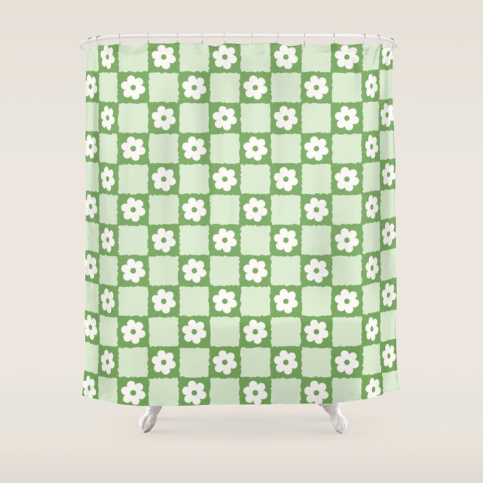Retro Flower Checker In Forest Green Shower Curtain