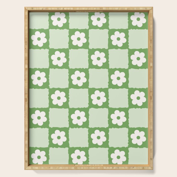 Retro Flower Checker In Forest Green Serving Tray