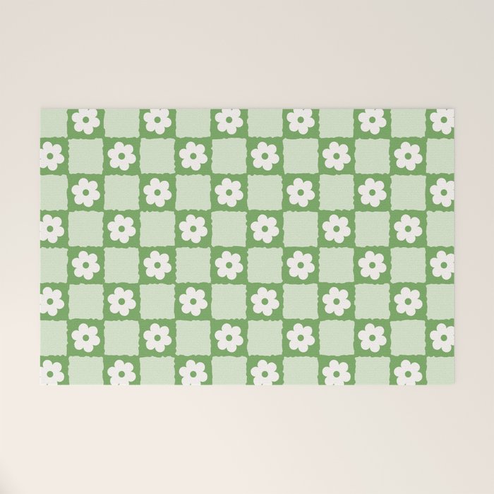 Retro Flower Checker In Forest Green Welcome Mat