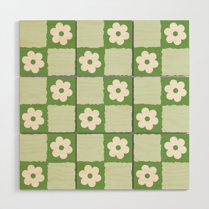 Retro Flower Checker In Forest Green Wood Wall Art