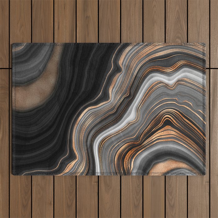 Elegant Black Marble With Gold And Copper Veins Outdoor Rug