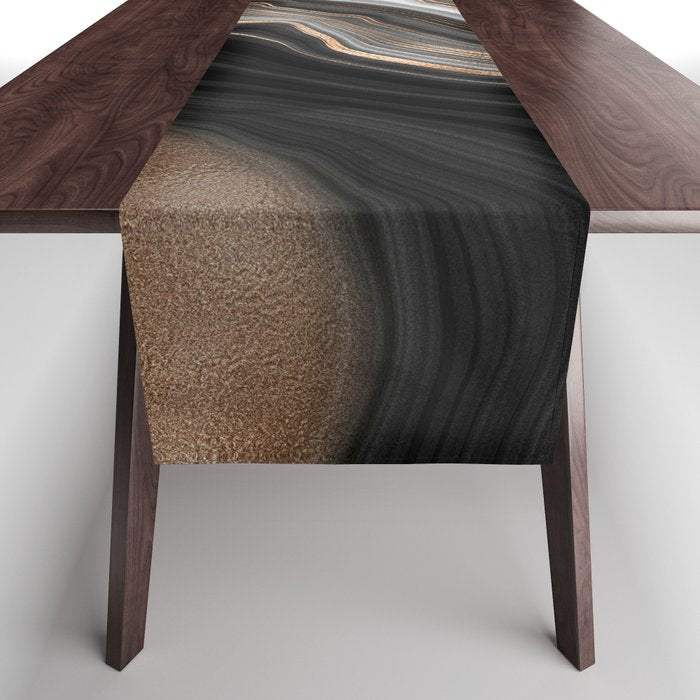 Elegant Black Marble With Gold And Copper Veins Table Runner