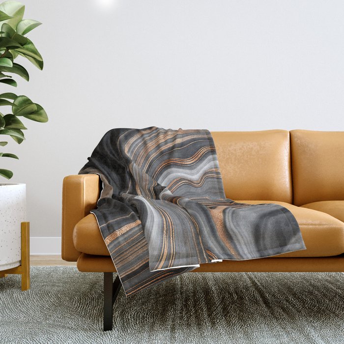 Elegant Black Marble With Gold And Copper Veins Throw Blanket
