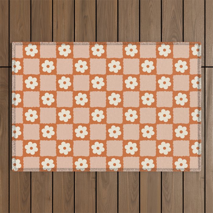 Flower Checker In Burnt Orange  Outdoor Rug
