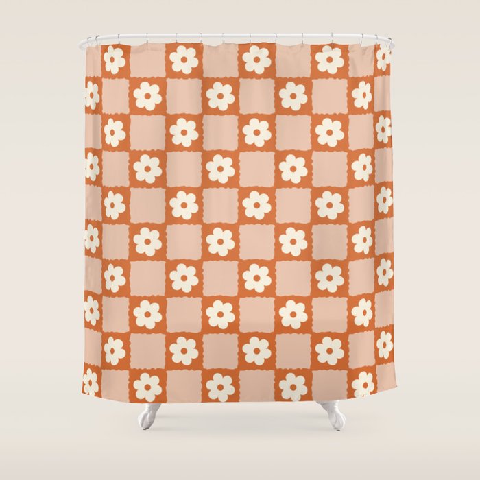 Flower Checker In Burnt Orange  Shower Curtain
