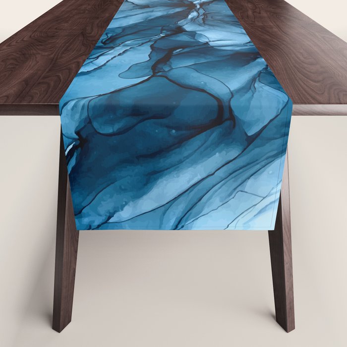 Deep Blue Flowing Water Abstract Painting Table Runner