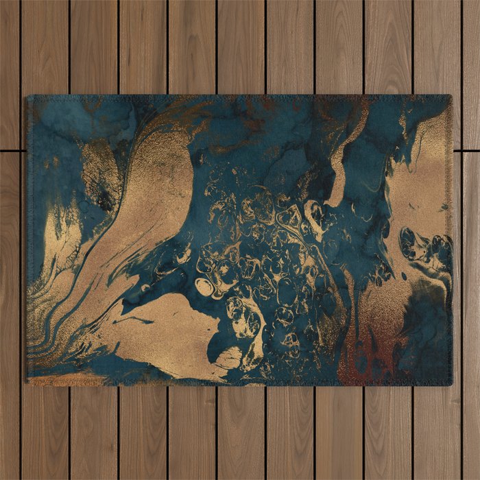 Emerald Indigo And Copper Glamour Marble Outdoor Rug