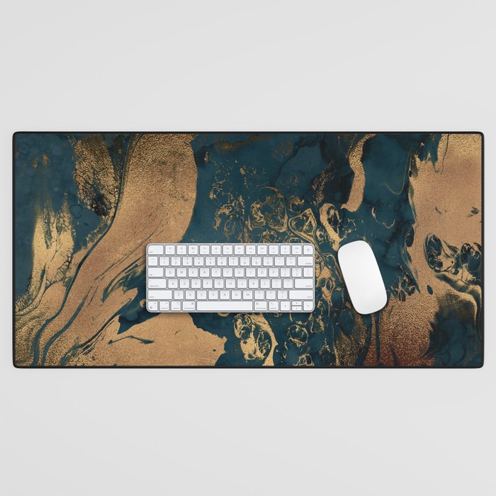 Emerald Indigo And Copper Glamour Marble Desk Mat