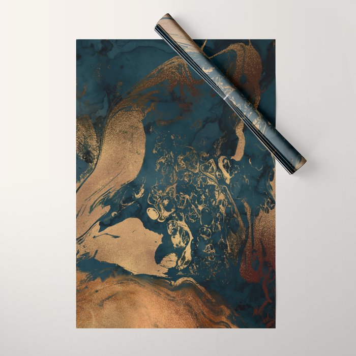 Emerald Indigo And Copper Glamour Marble Wrapping Paper