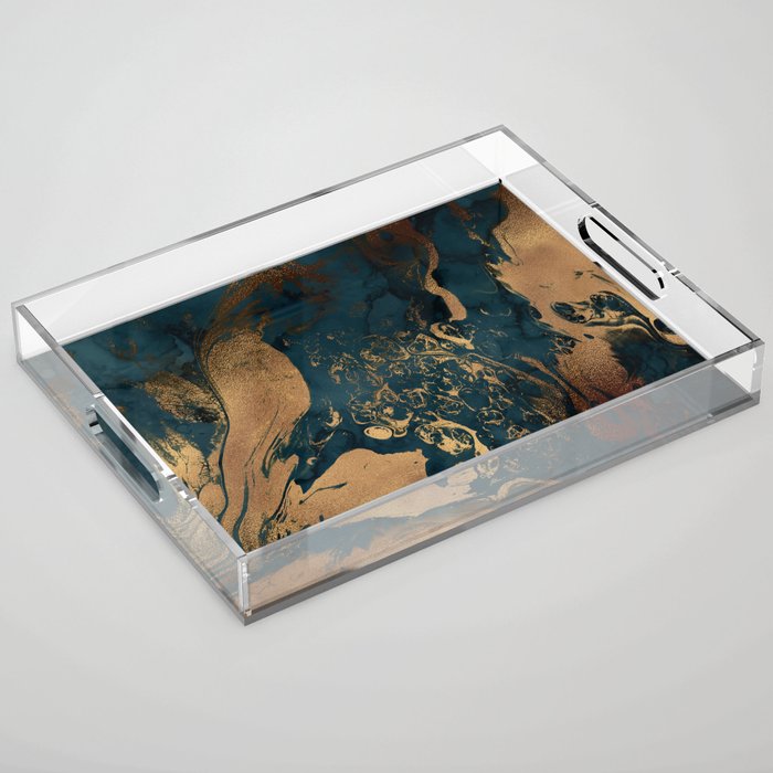 Emerald Indigo And Copper Glamour Marble Acrylic Tray