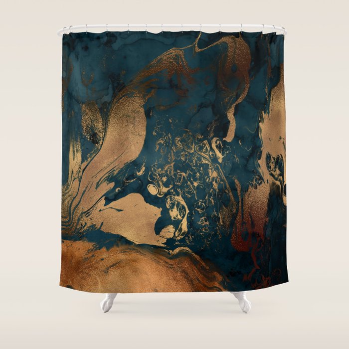Emerald Indigo And Copper Glamour Marble Shower Curtain