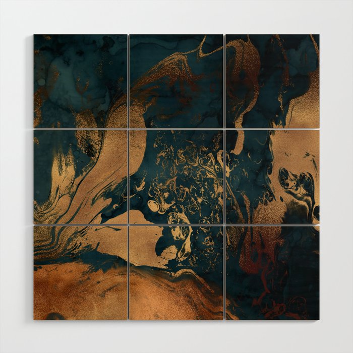 Emerald Indigo And Copper Glamour Marble Wood Wall Art