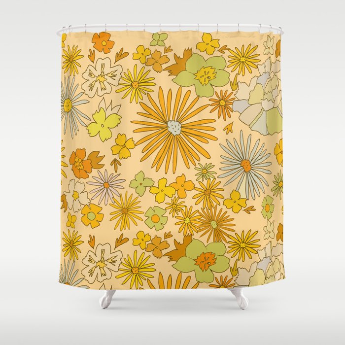 Flower Power Wildflowers Brown // Retro Art By Surfy Birdy Shower Curtain
