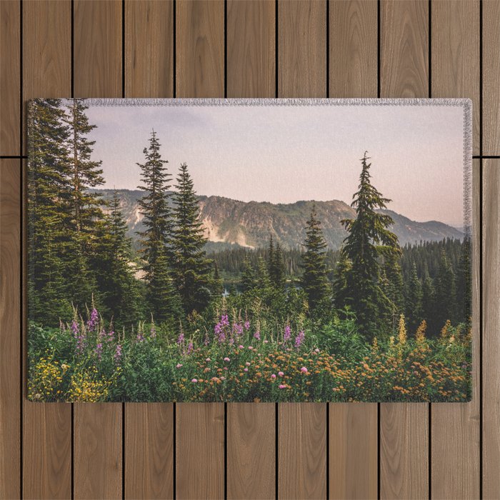 Mount Rainier Wildflower Adventure - National Park Wanderlust Outdoor Rug