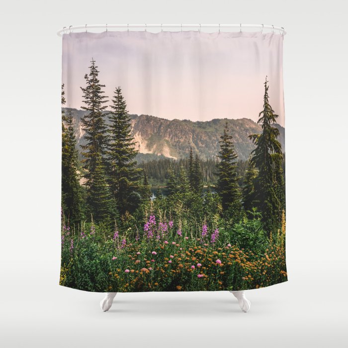 Mount Rainier Wildflower Adventure - National Park Wanderlust Shower Curtain